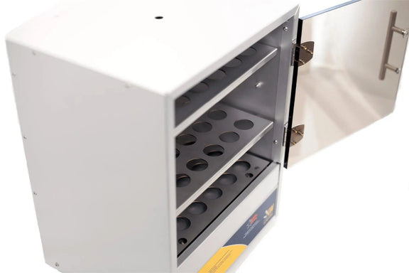 Benchtop lab incubator with perforated aluminum trays – angled open view