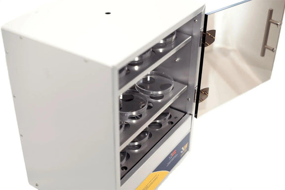 Lab incubator with stainless steel shelves and Petri dish storage – door open