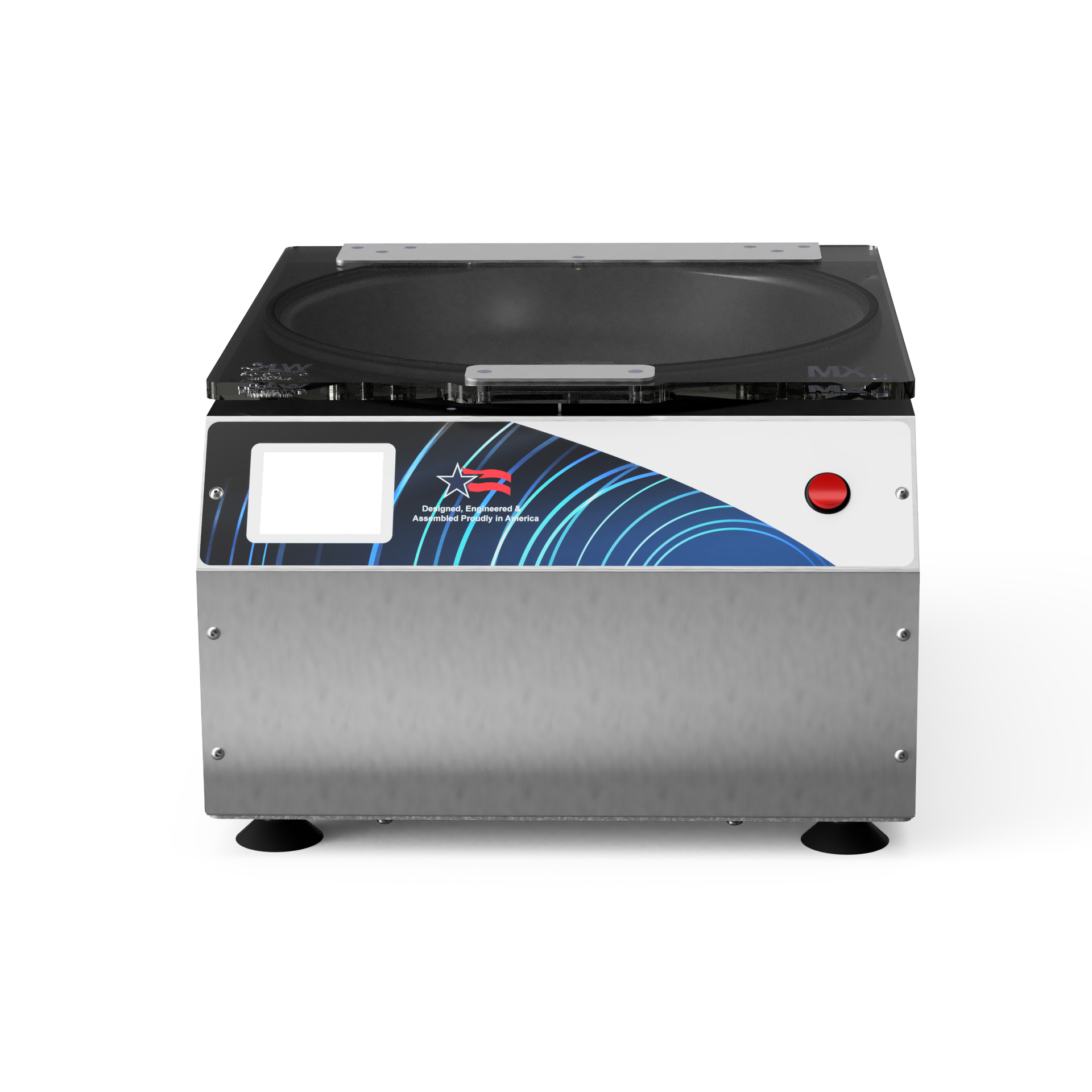 LW Scientific MXU touchscreen laboratory centrifuge with stainless steel body and black lid.
