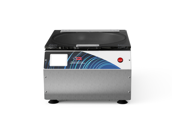 LW Scientific MXU touchscreen laboratory centrifuge with stainless steel body and black lid.