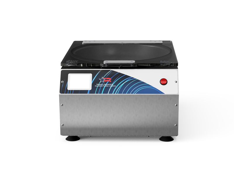 LW Scientific MXU touchscreen laboratory centrifuge with stainless steel body and black lid.