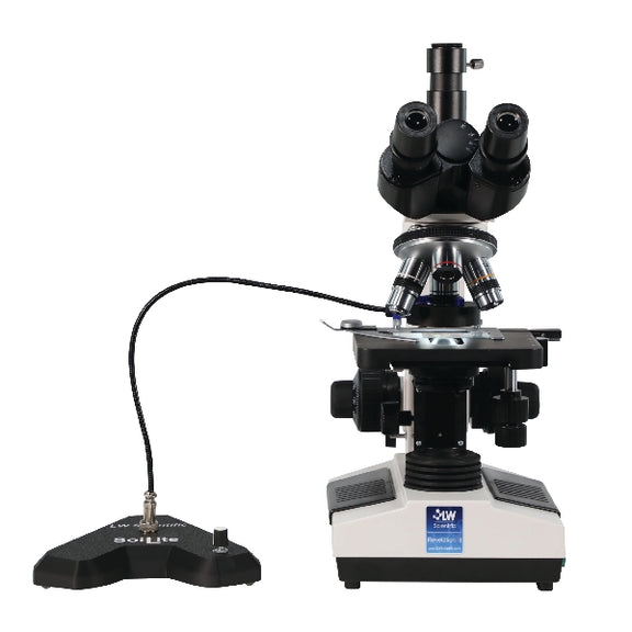 Front view of LW Scientific Revelation III microscope using SoiLite Desk Model illumination system