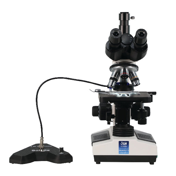 Front view of LW Scientific Revelation III microscope using SoiLite Desk Model illumination system